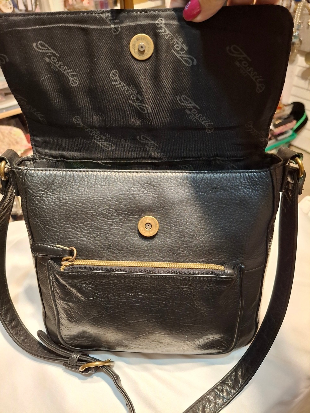 Vintage Fossil Black Leather Crossbody Bag - Classic Everyday Shoulder Bag - Picture 3 of 7